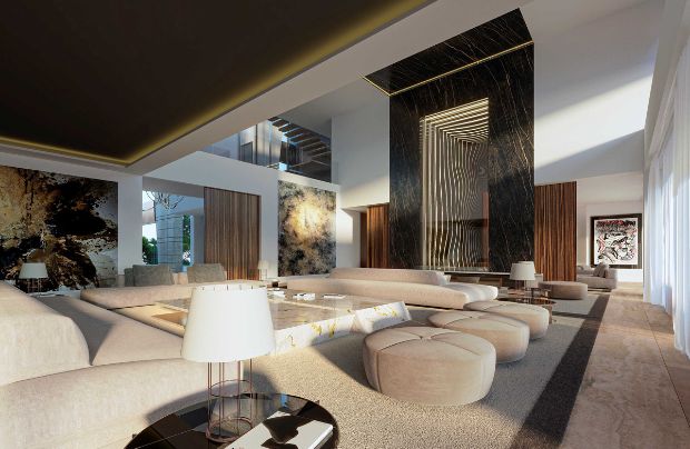 Un salón diseñado con tendencias en decoración en 2023 combinando colores tierra y tonos oscuros